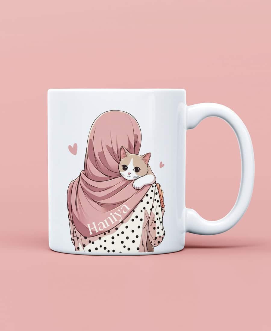 Whiskers & Warmth – Hijabi Girl with Cat Art Mug - Image 2